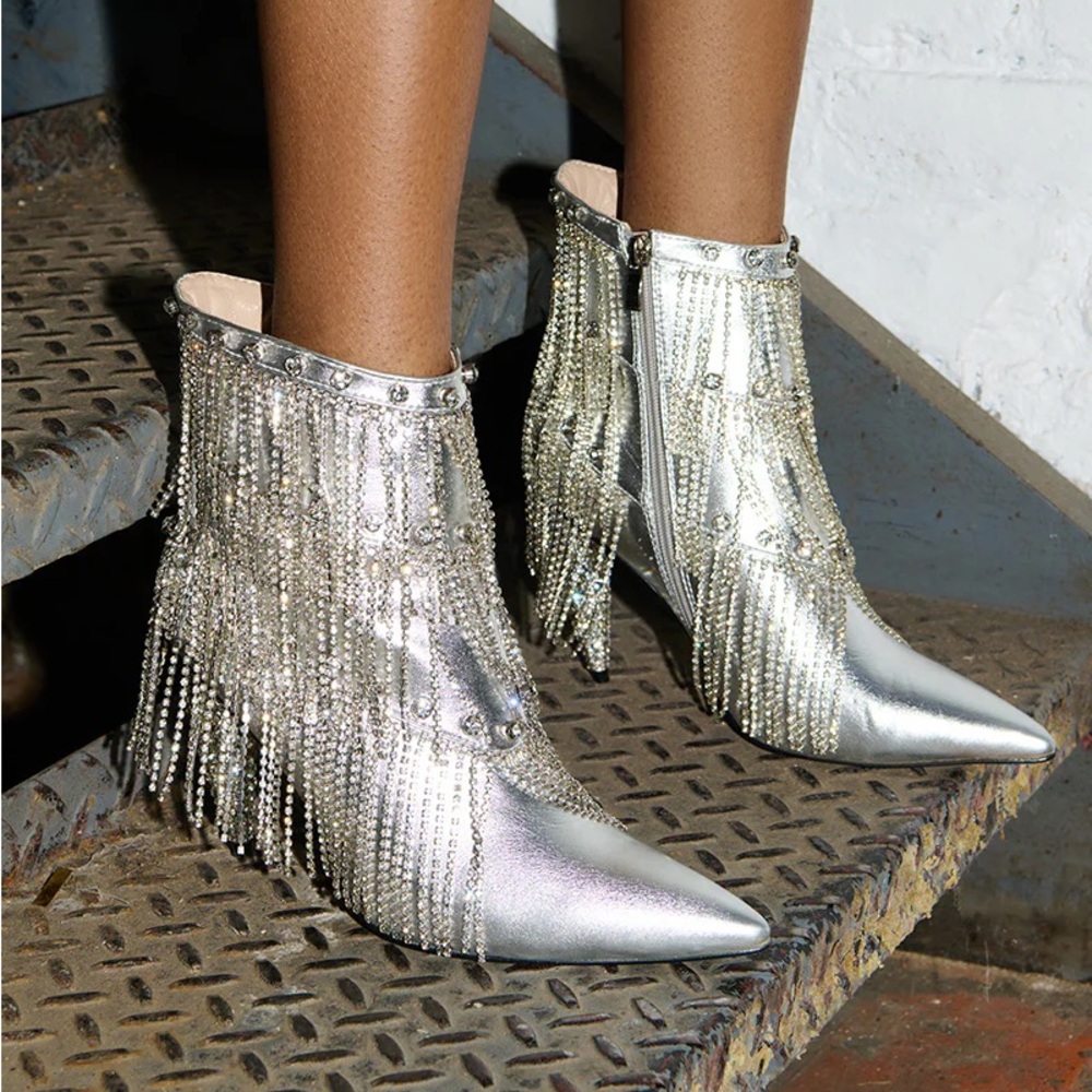 AZALEA WANG Silver Vegan Leather Fringe High Heel Booties - Picture 7 of 8